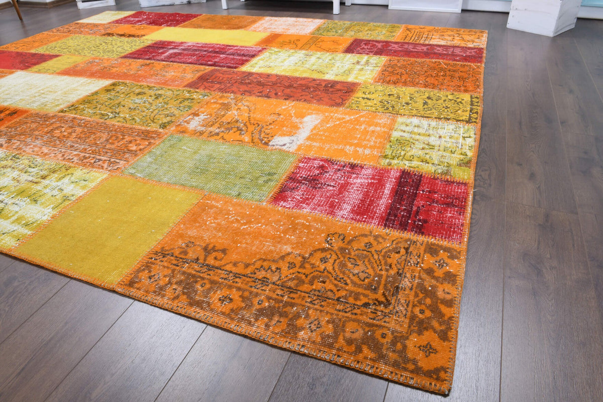 El yapımı vintage halı 254x302 cm tribal desenli yün - üstten görünüm