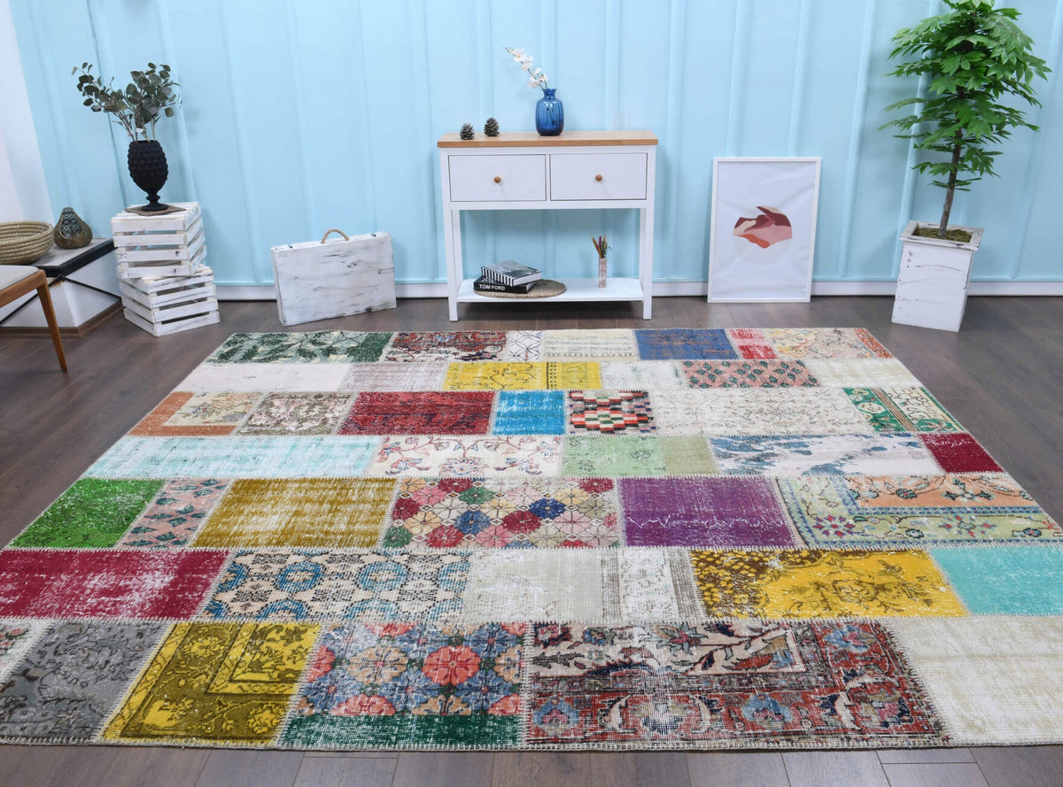 El yapımı vintage halı 254x300 cm tribal desenli yün - detay görünümü