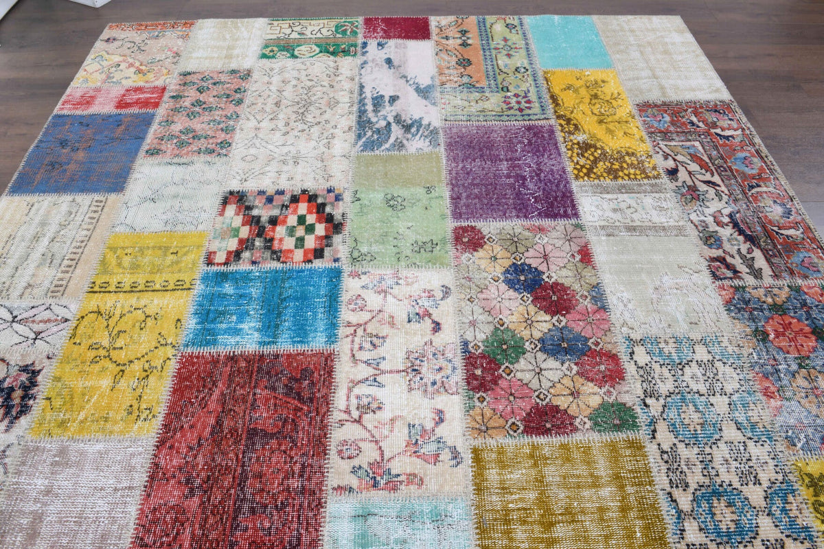 El yapımı vintage halı 254x300 cm tribal desenli yün - yakın çekim doku detayı