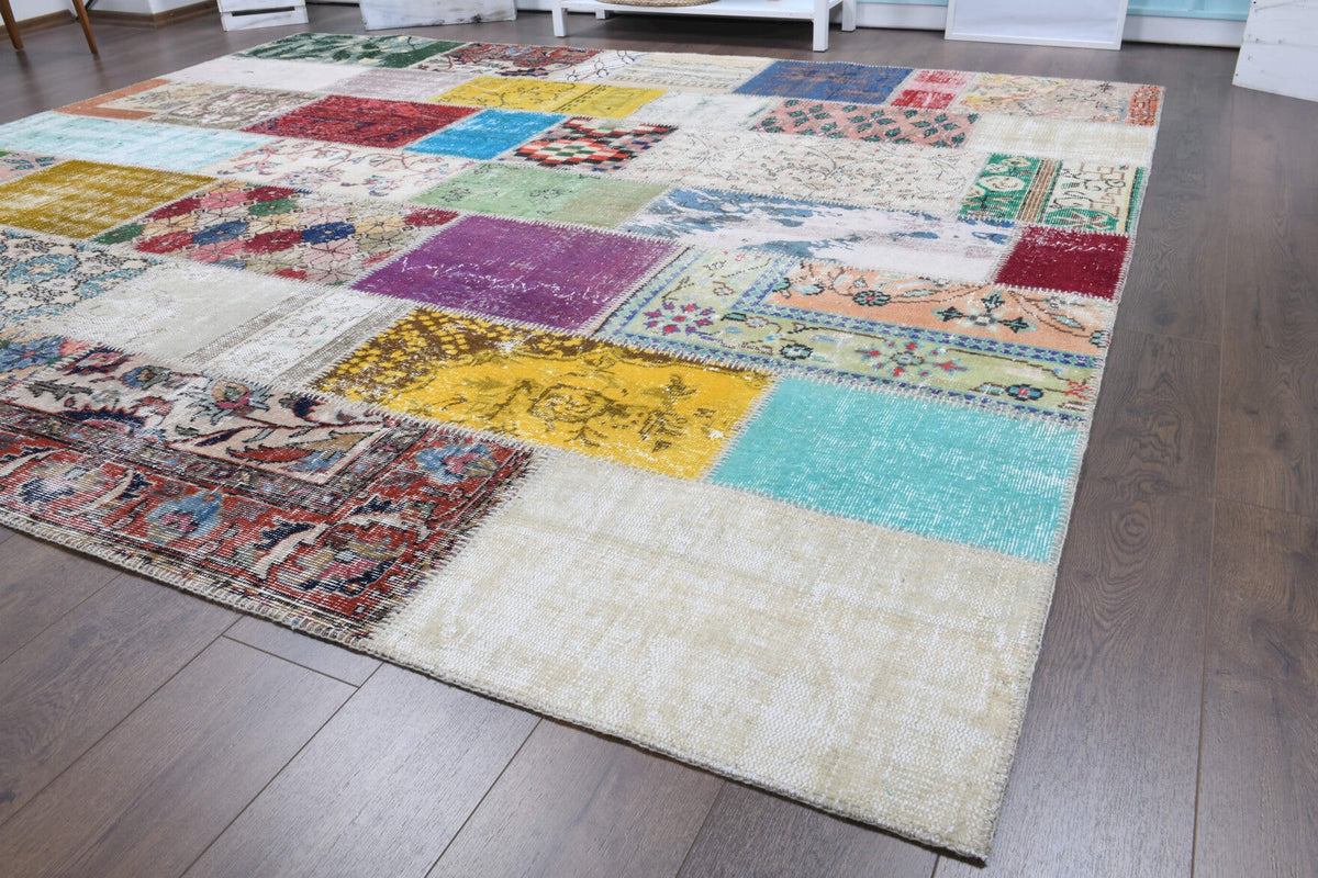 El yapımı vintage halı 254x300 cm tribal desenli yün - üstten görünüm