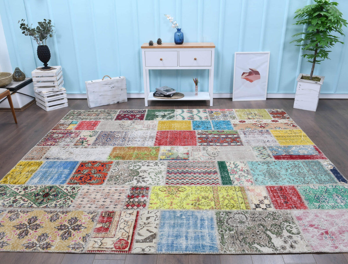 El yapımı vintage halı 254x302 cm çiçek desenli desenli yün - detay görünümü
