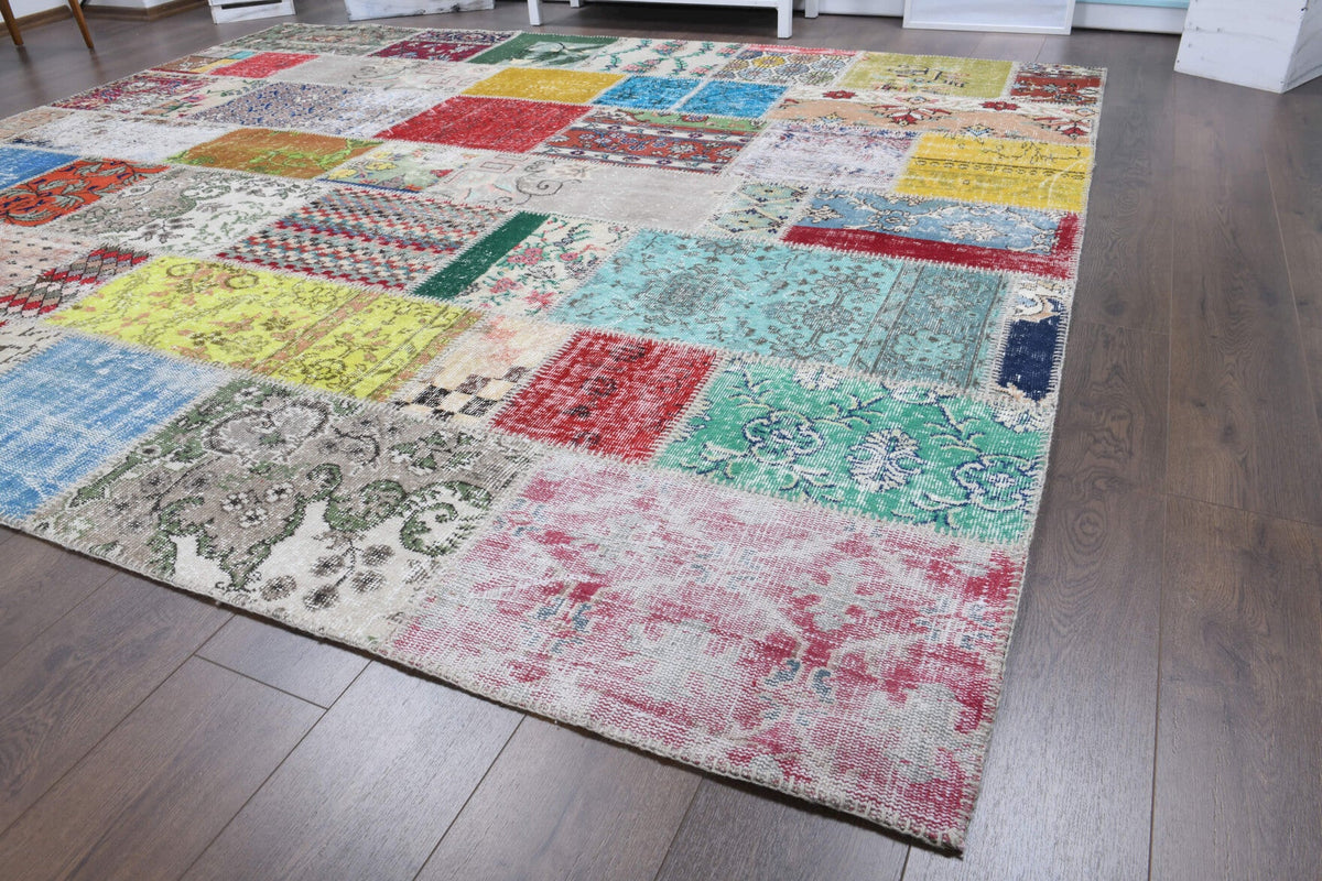 El yapımı vintage halı 254x302 cm çiçek desenli desenli yün - üstten görünüm