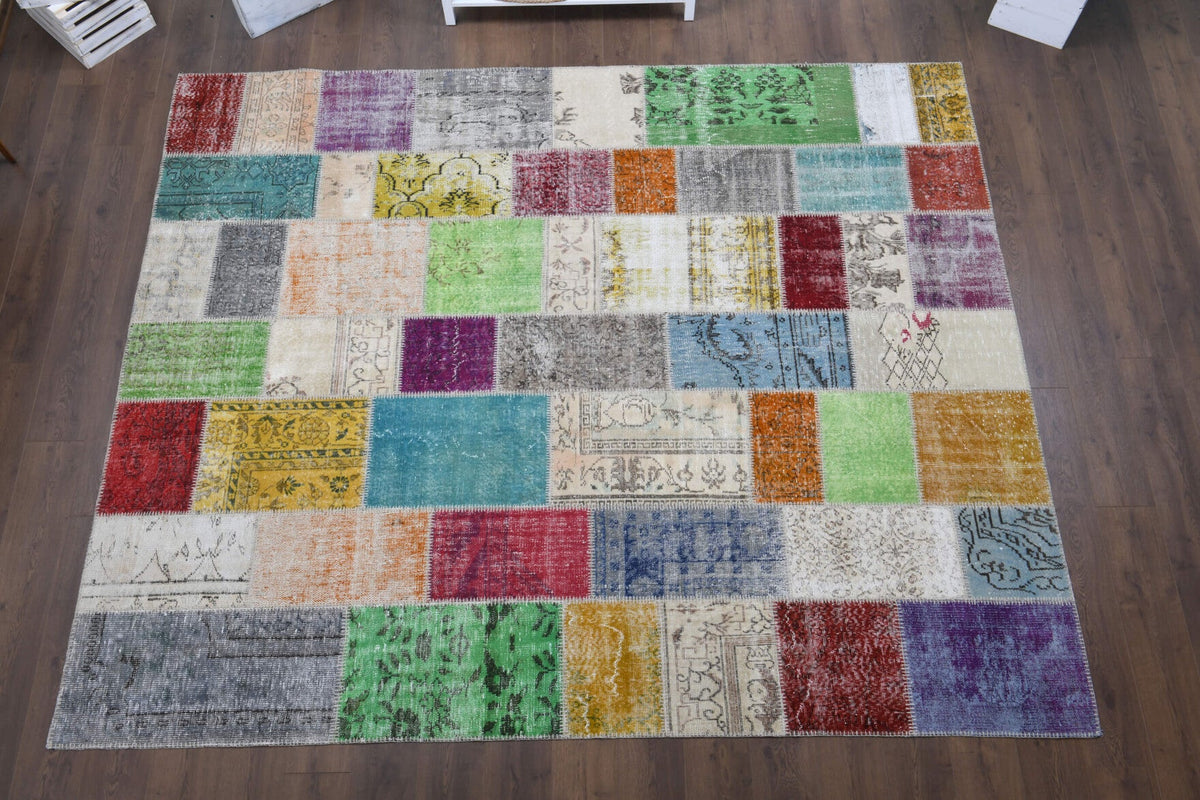 El yapımı vintage halı 249x302 cm tribal desenli yün - detay görünümü