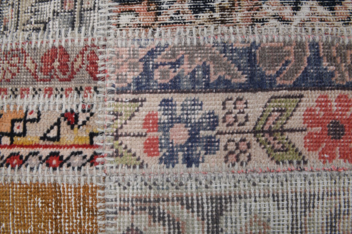 El yapımı vintage halı 249x292 cm tribal desenli yün - yakın çekim doku detayı