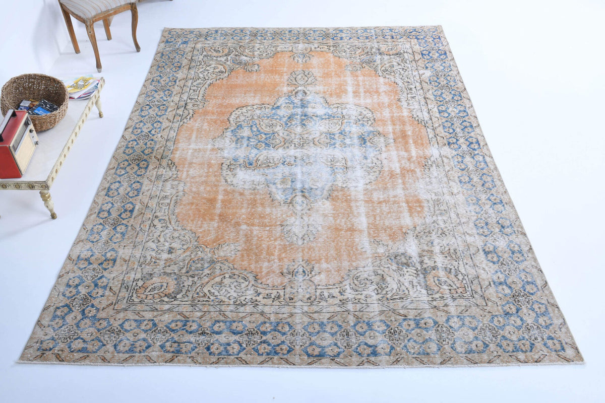 El yapımı vintage halı 241x325 cm oryantal desenli yün - detay görünümü