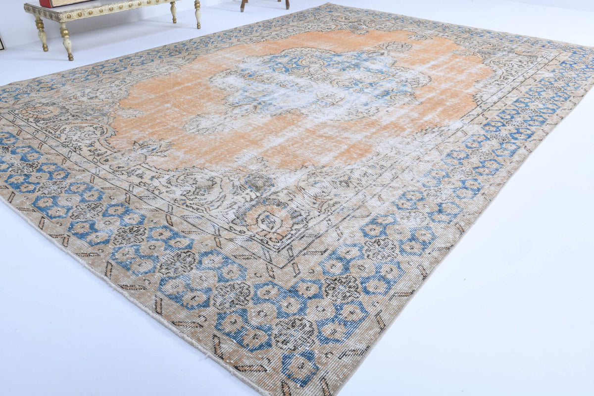 El yapımı vintage halı 241x325 cm oryantal desenli yün - yakın çekim doku detayı
