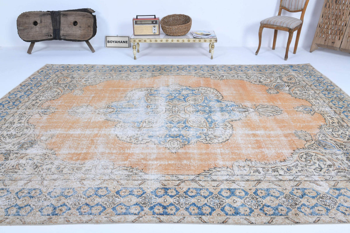 El yapımı vintage halı 241x325 cm oryantal desenli yün - kenar ve saçak detayı
