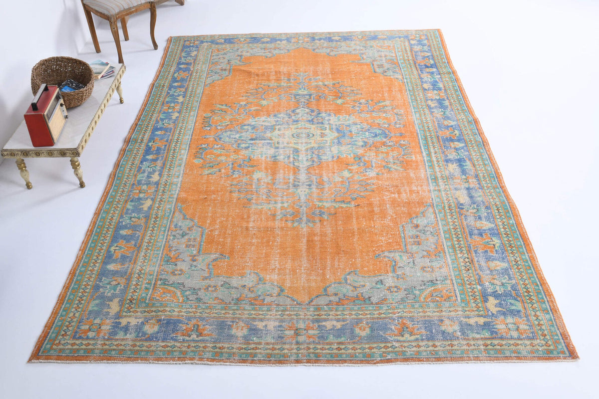 Hot Orange Vintage Area Anatolian Rug