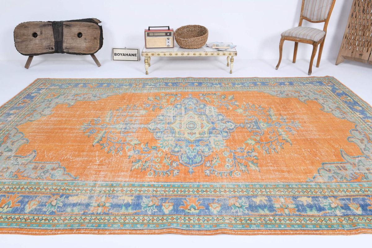 El yapımı vintage halı 213x335 cm oryantal desenli yün - yakın çekim doku detayı