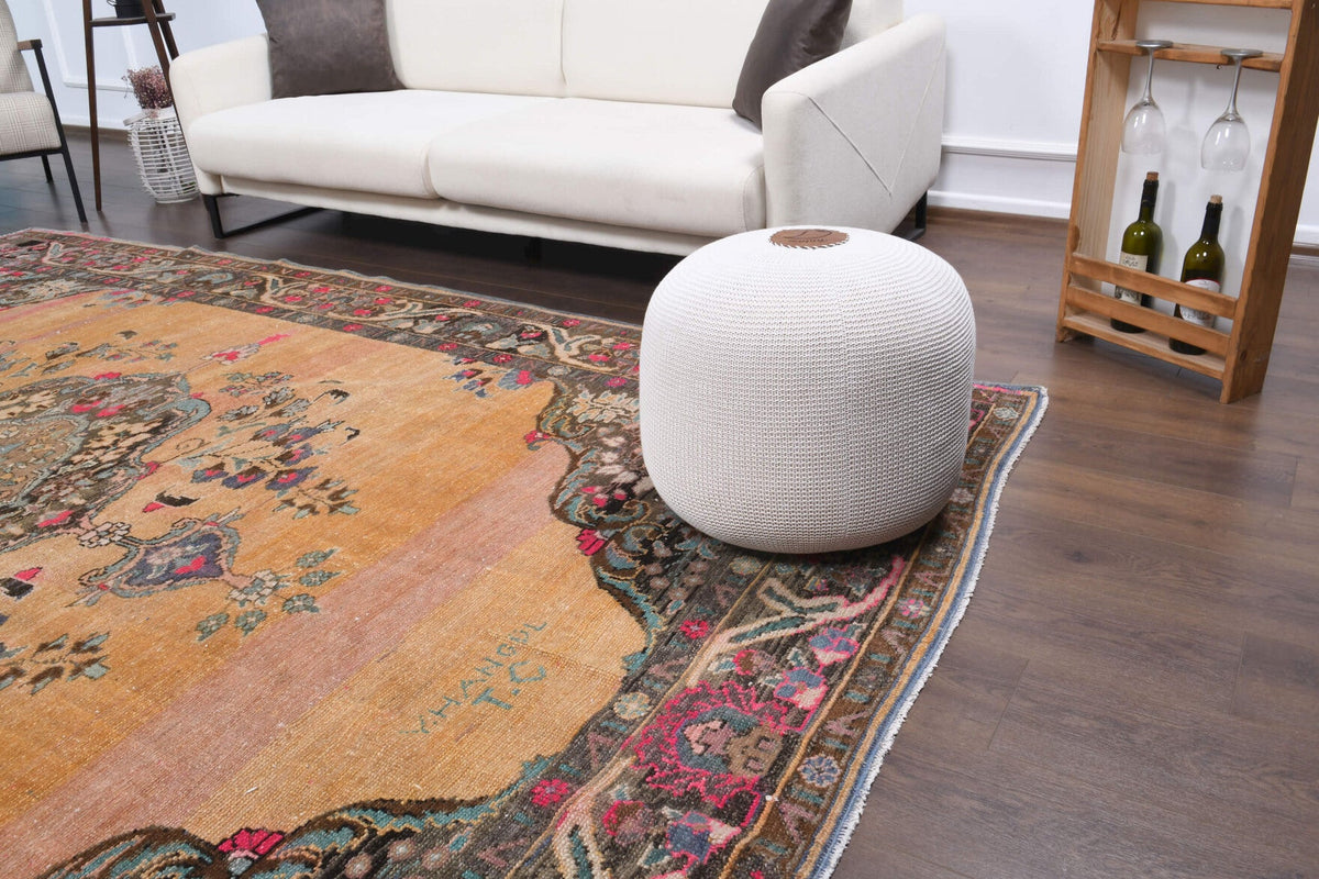 El yapımı vintage halı 249x348 cm oryantal desenli yün - kenar ve saçak detayı