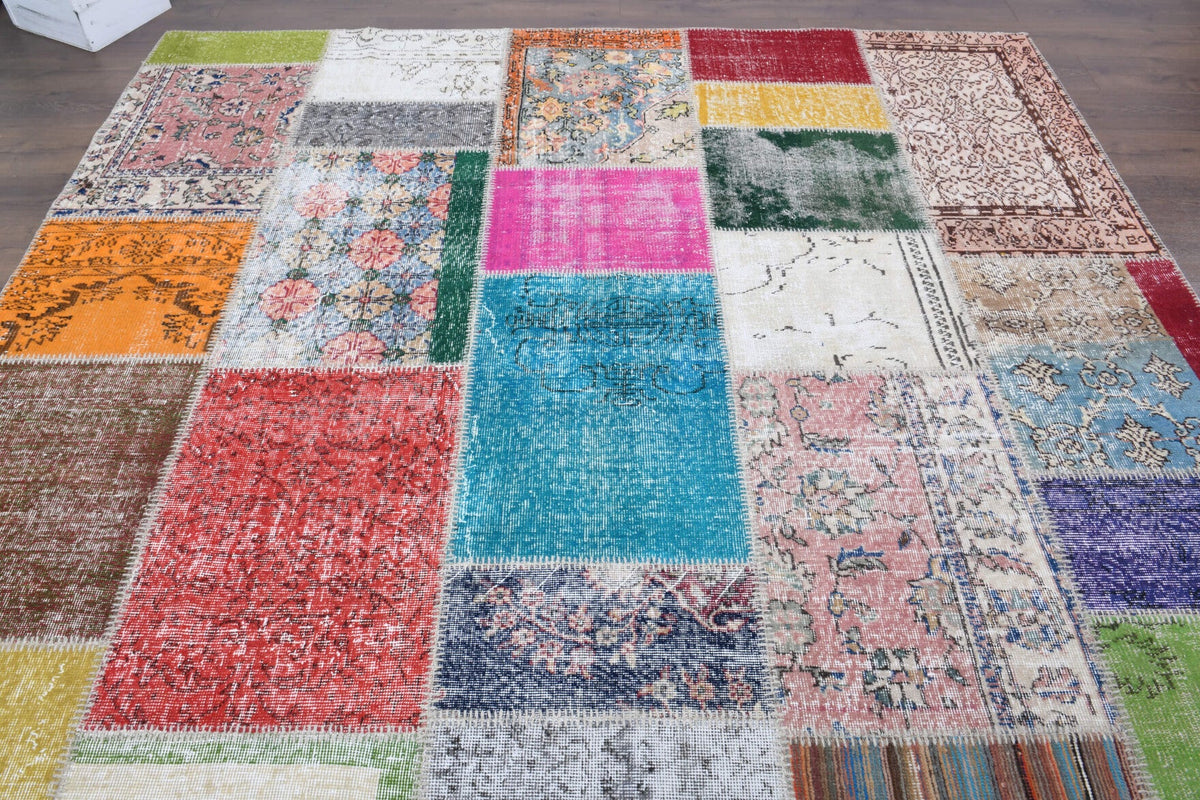 El yapımı vintage halı 254x348 cm tribal desenli yün - yakın çekim doku detayı