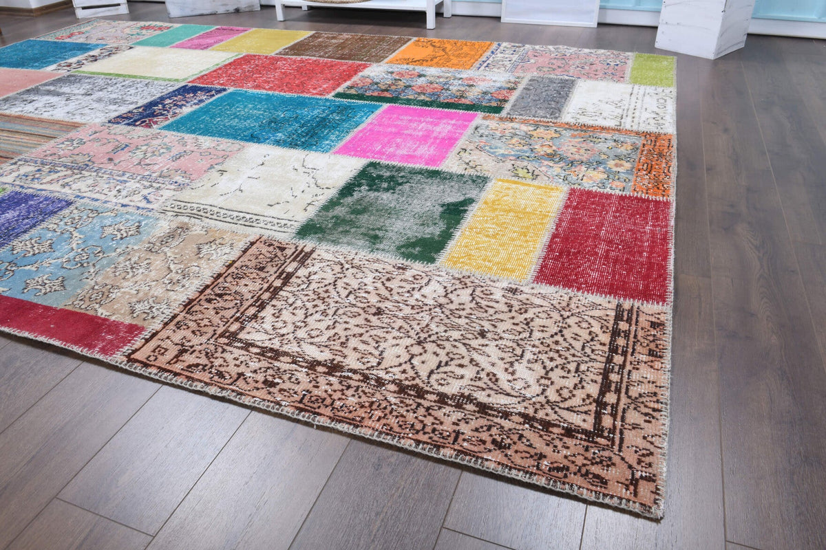 El yapımı vintage halı 254x348 cm tribal desenli yün - desen detayı