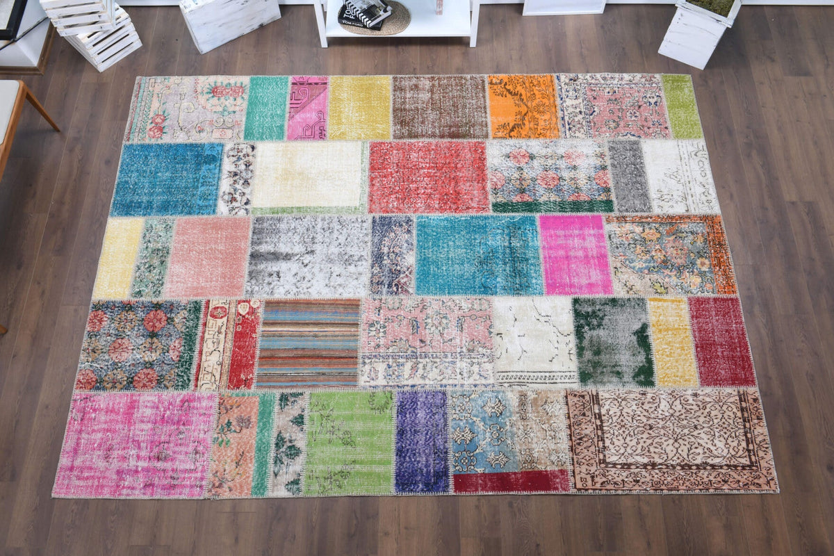 El yapımı vintage halı 254x348 cm tribal desenli yün - detay görünümü