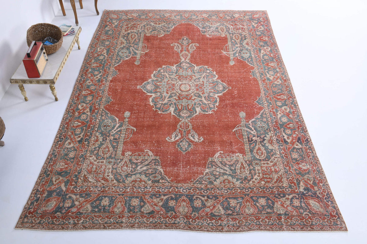 El yapımı vintage halı 231x351 cm oryantal desenli yün - üstten görünüm