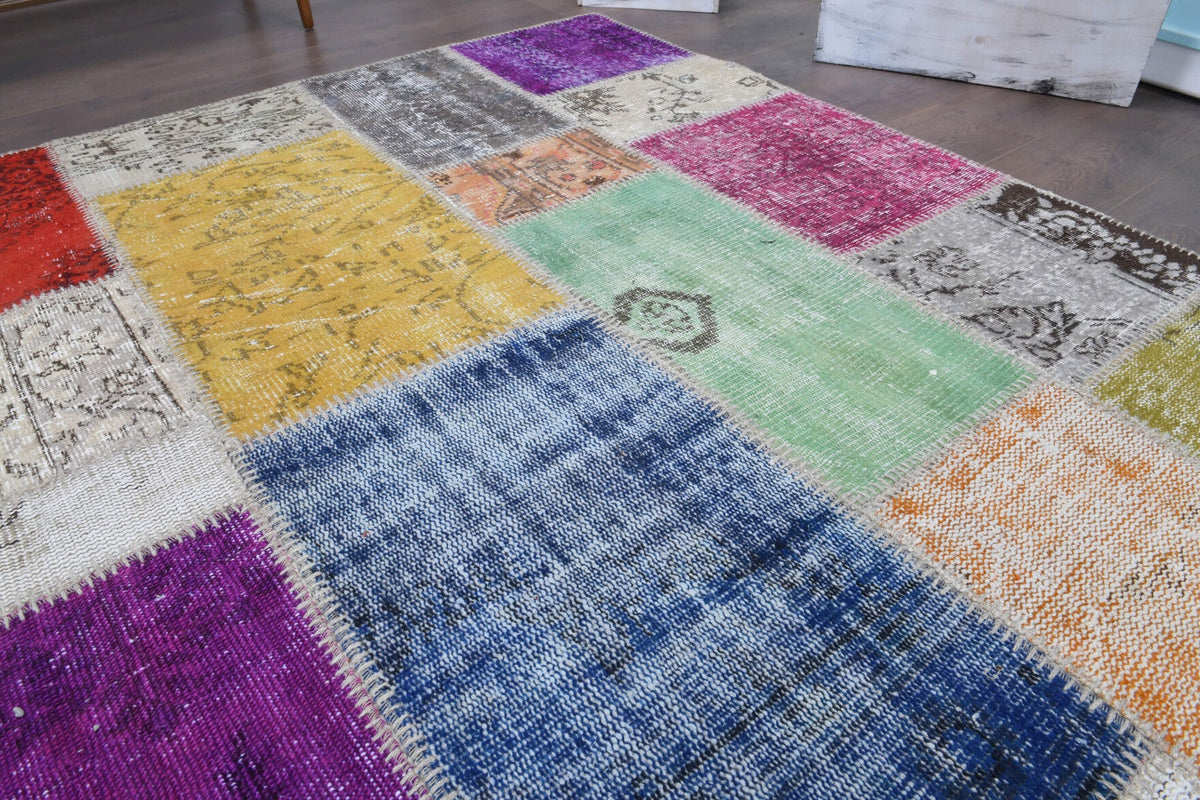 El yapımı vintage halı 249x351 cm düz desenli yün - kenar ve saçak detayı