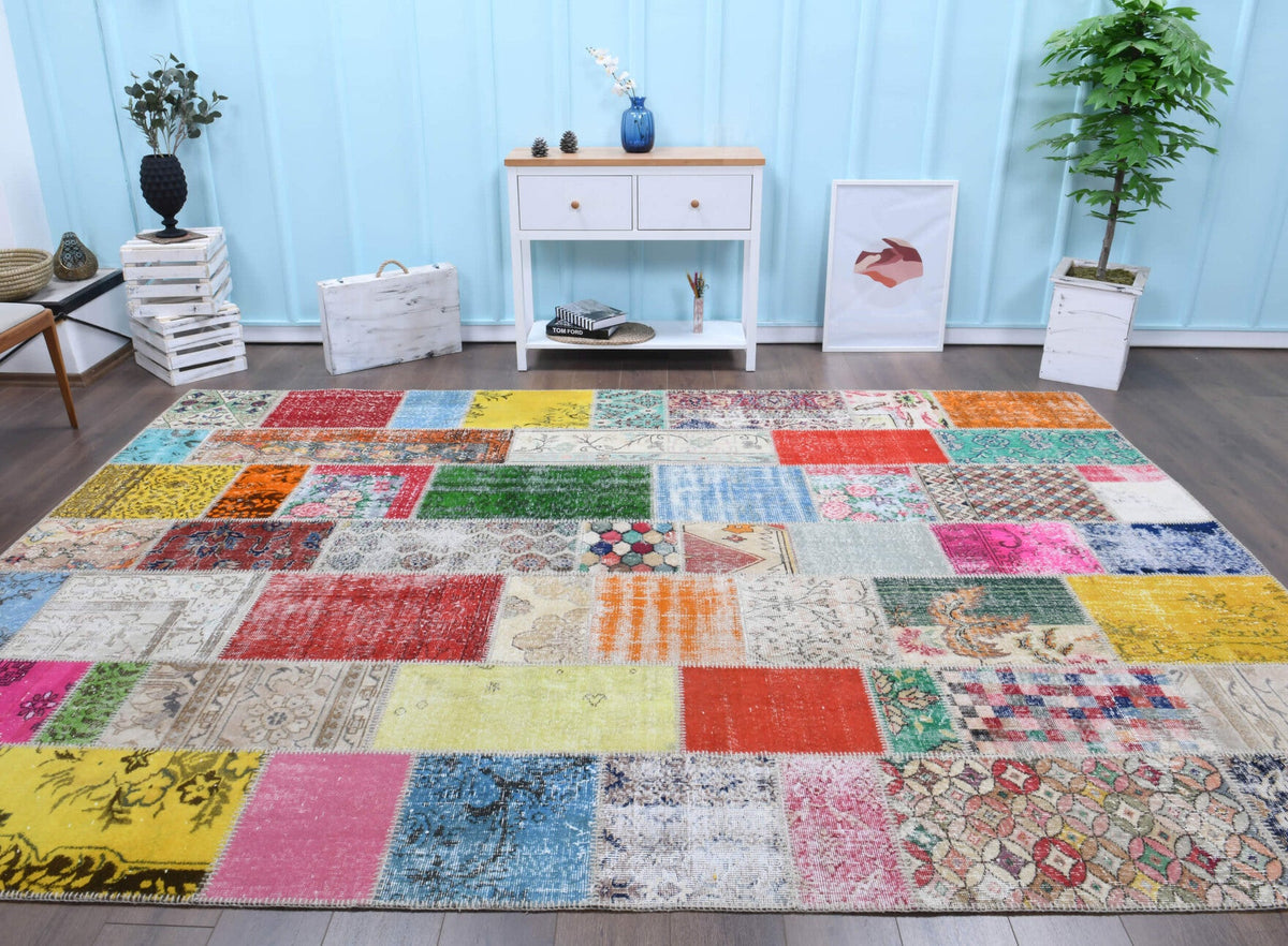 El yapımı vintage halı 254x351 cm tribal desenli yün - detay görünümü