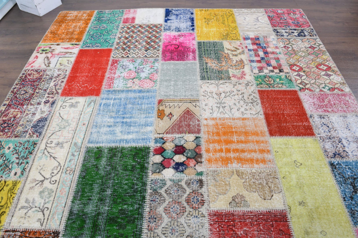 El yapımı vintage halı 254x351 cm tribal desenli yün - yakın çekim doku detayı