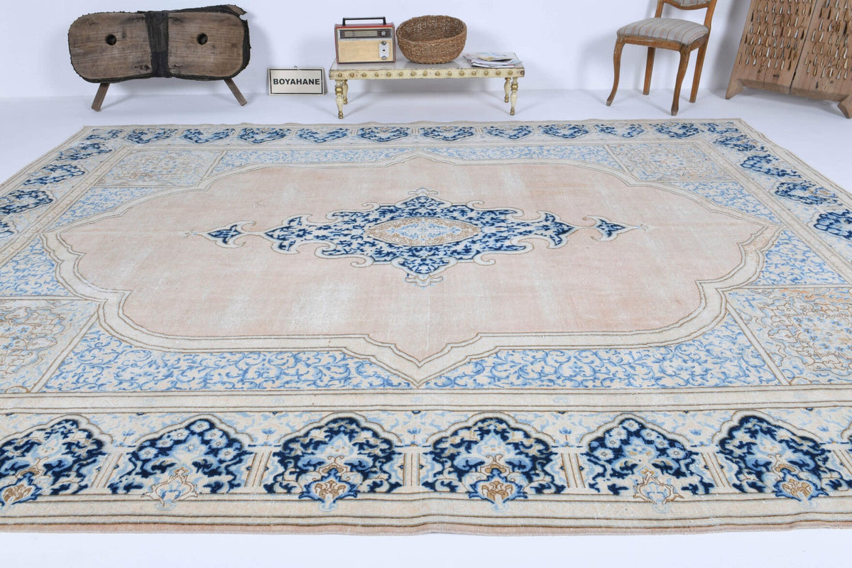 El yapımı vintage halı 274x378 cm oryantal desenli yün - yakın çekim doku detayı