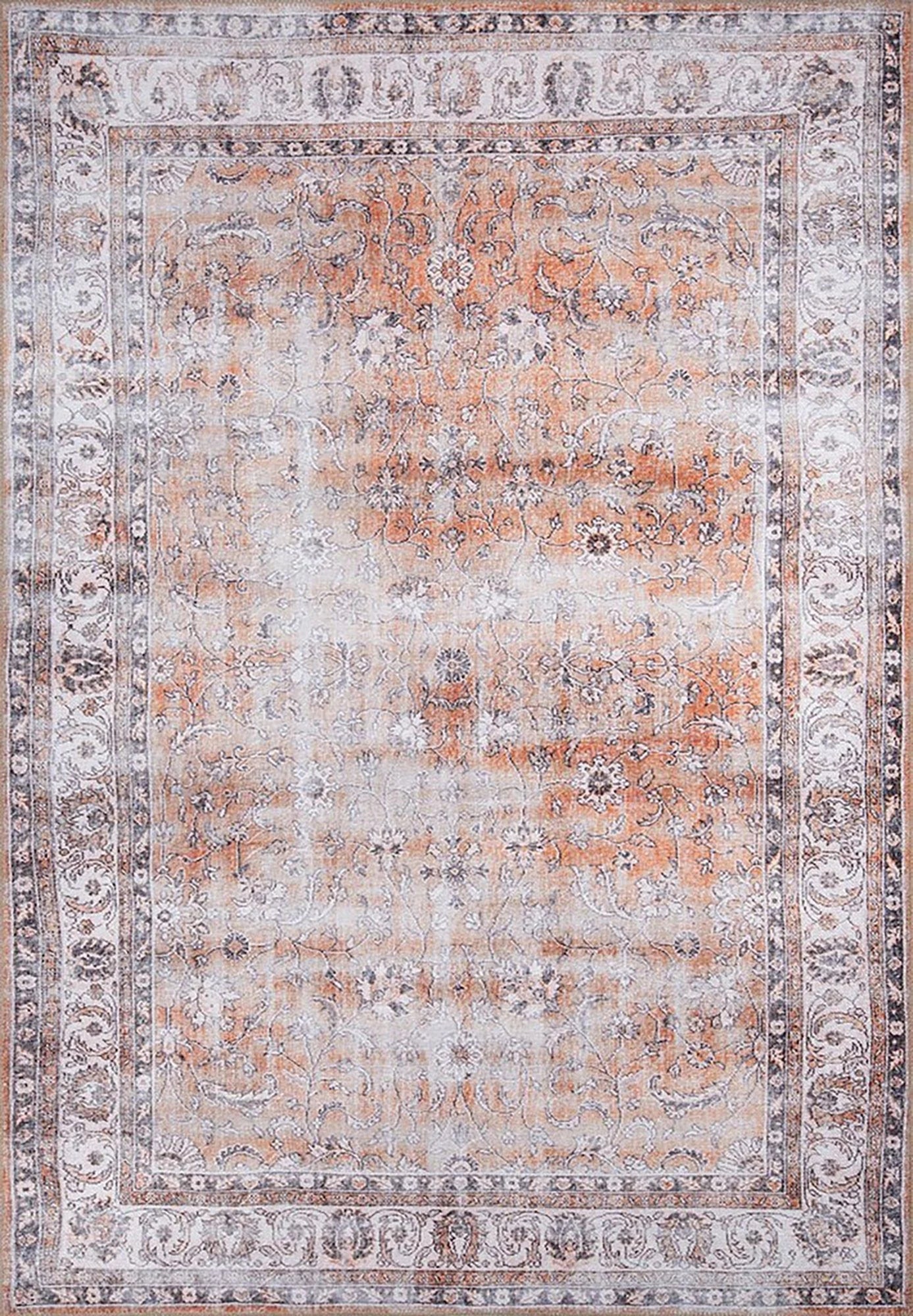 Solgun Turuncu ve Krem Eskitme Çiçekli Vintage Halı