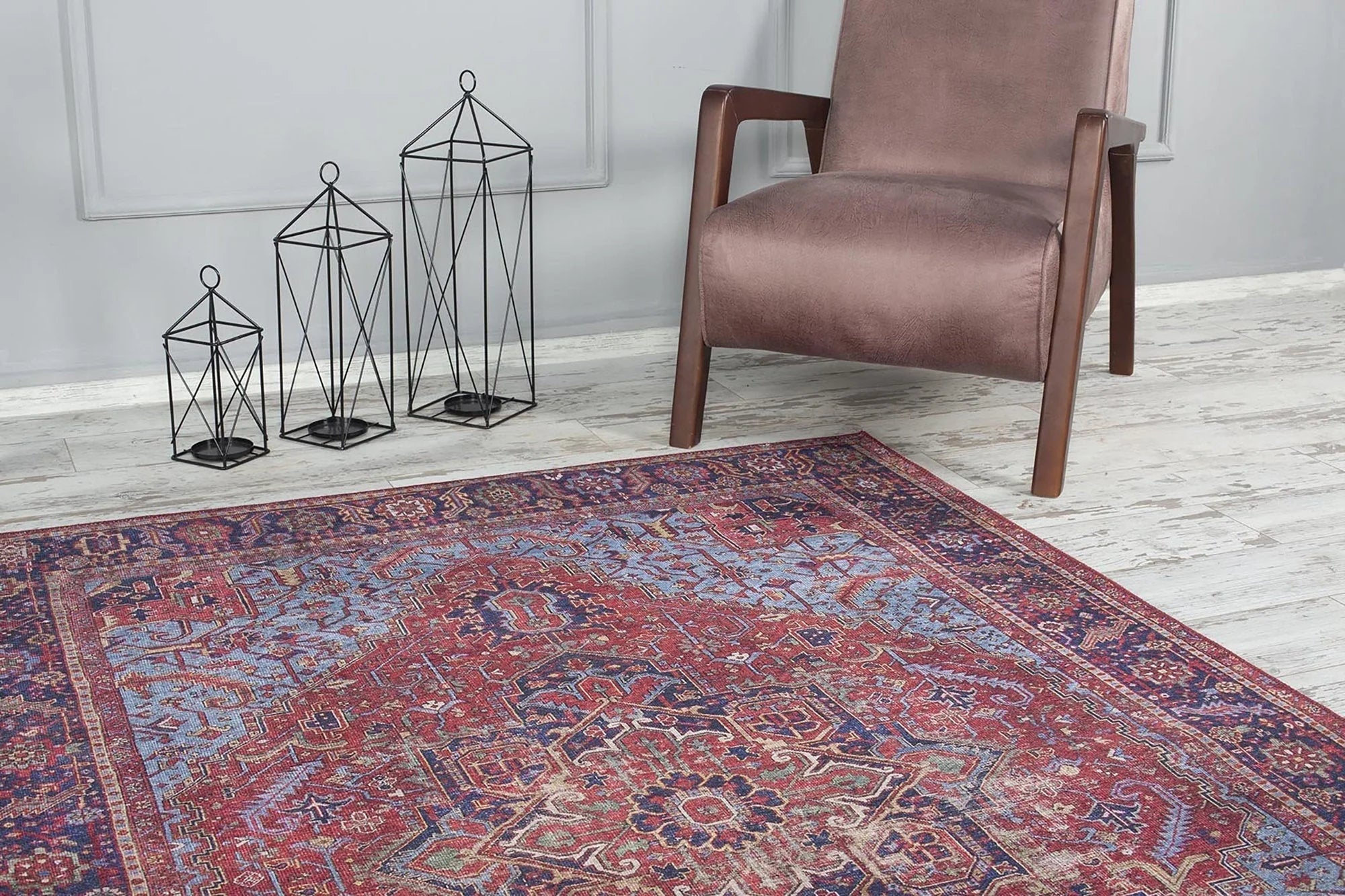 Açık Lacivert ve Kırmızı Medalyonlu Vintage Halı - OUTLET - AL162OU