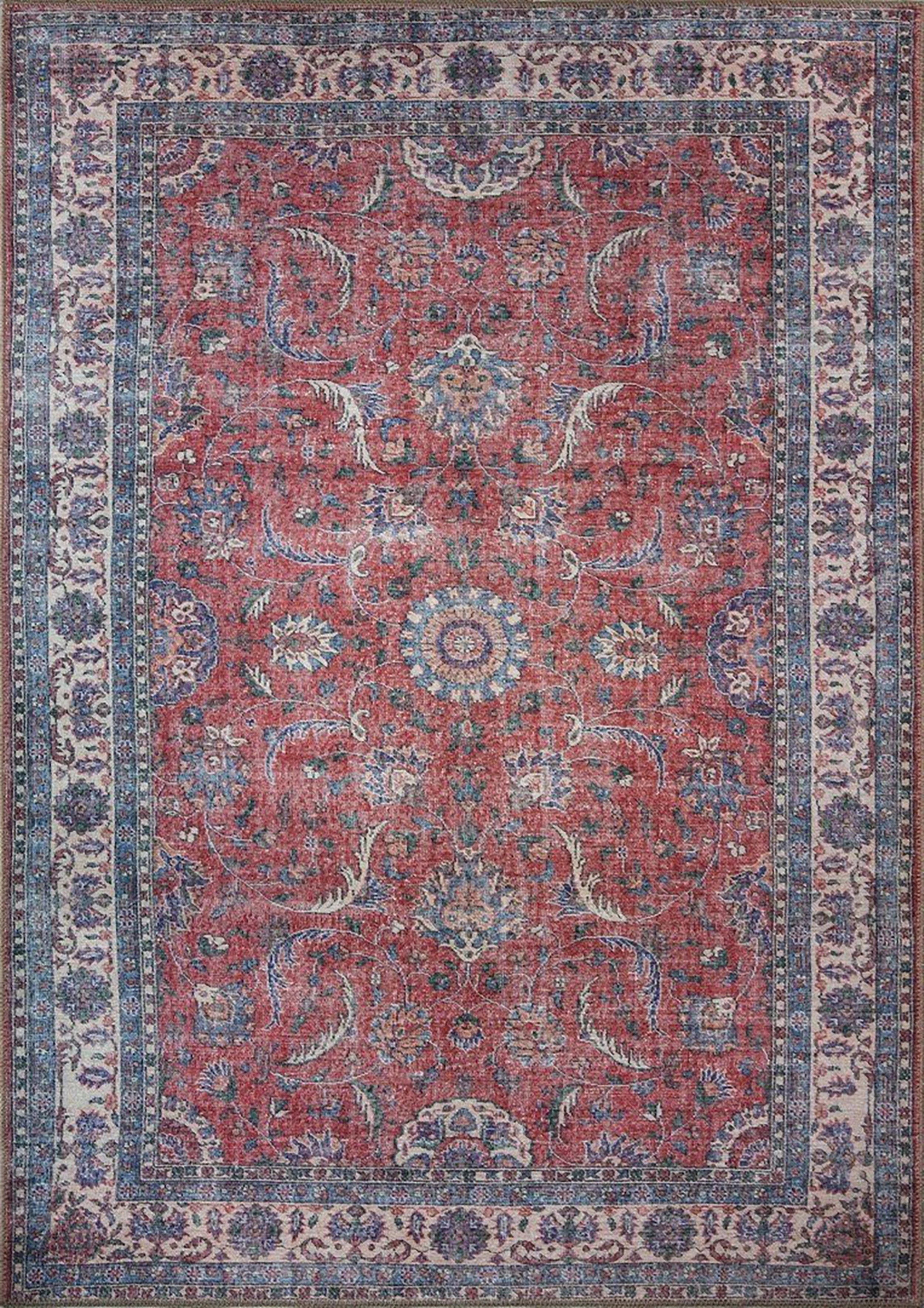 Solgun Kırmızı ve Krem Eskitme Desenli Vintage Halı