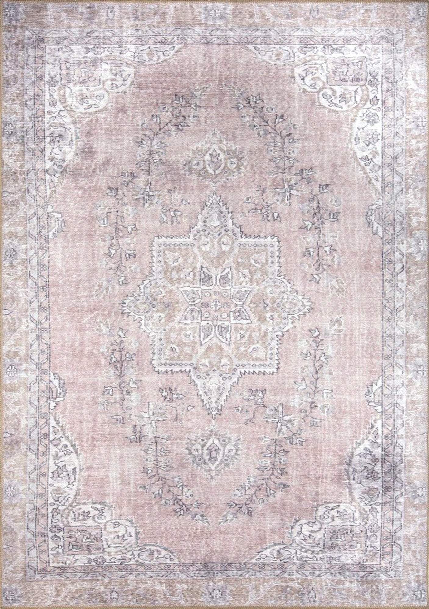 Pudra Pembe ve Gri Eskitme Medalyonlu Vintage Halı