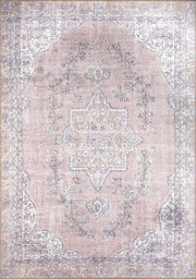 Pudra Pembe ve Gri Eskitme Medalyonlu Vintage Halı