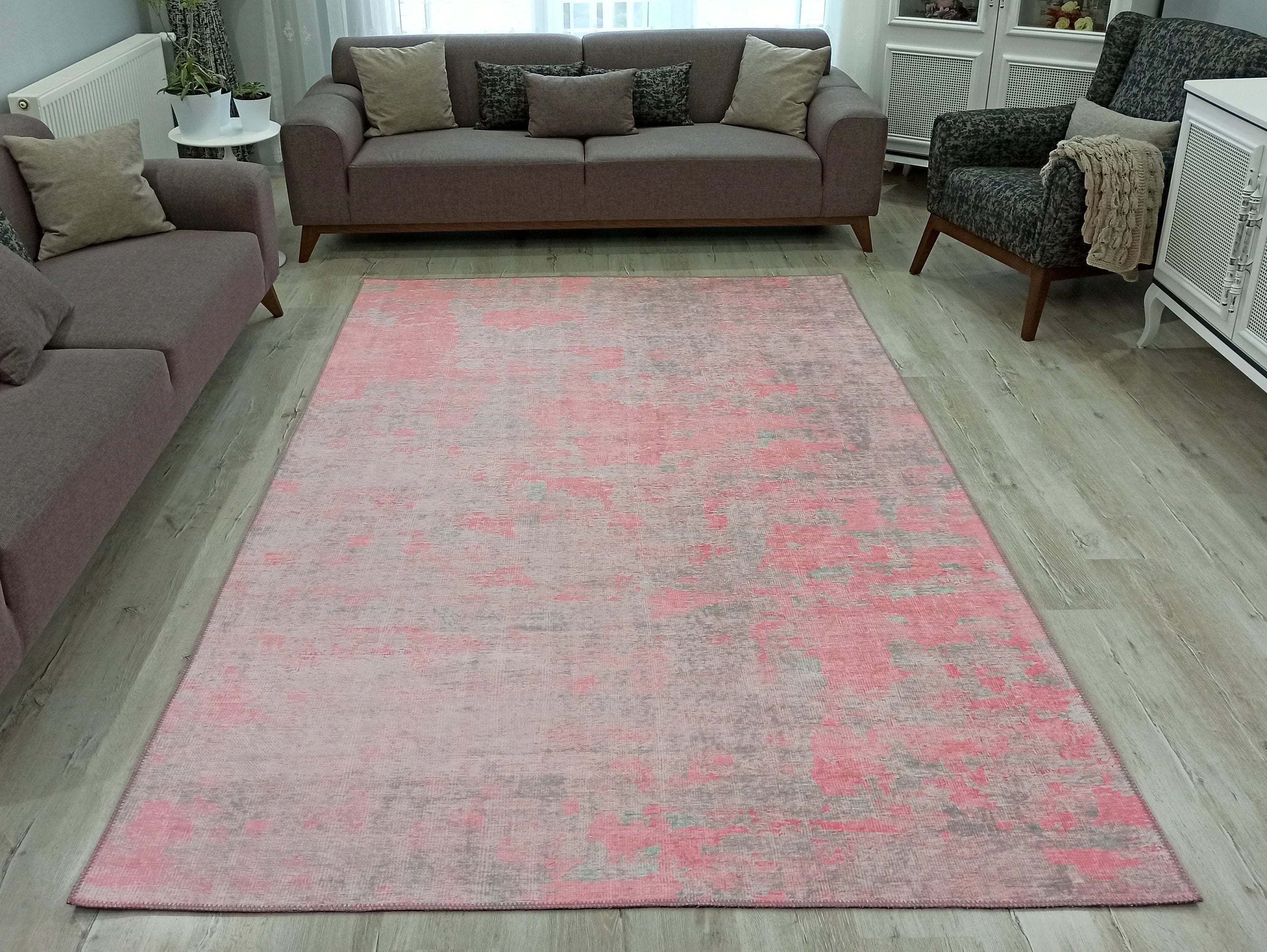 Pembe ve Gri Soyut Desenli Modern Halı - OUTLET - AL99OU