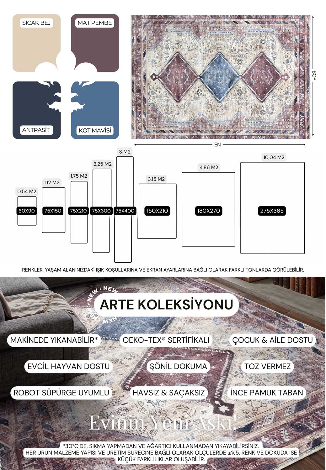 Eskitme Geometrik Madalyon Desenli Krem, Bordo ve Lacivert Etnik Halı - AR863TT