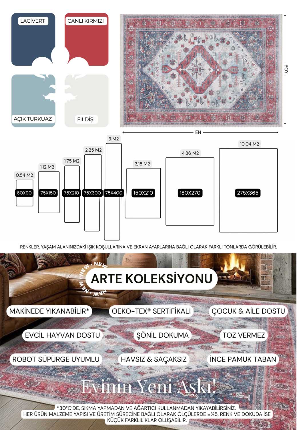 Geometrik Madalyon Desenli Kırmızı Ve Lacivert Eskitme Halı - AR1004RN