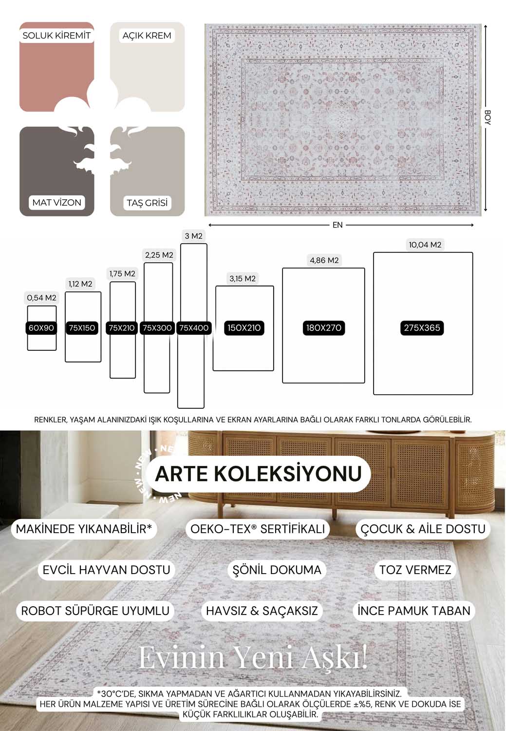 Geleneksel Floral Desenli Krem Ve Açık Gri Eskitme Halı - AR1009CC