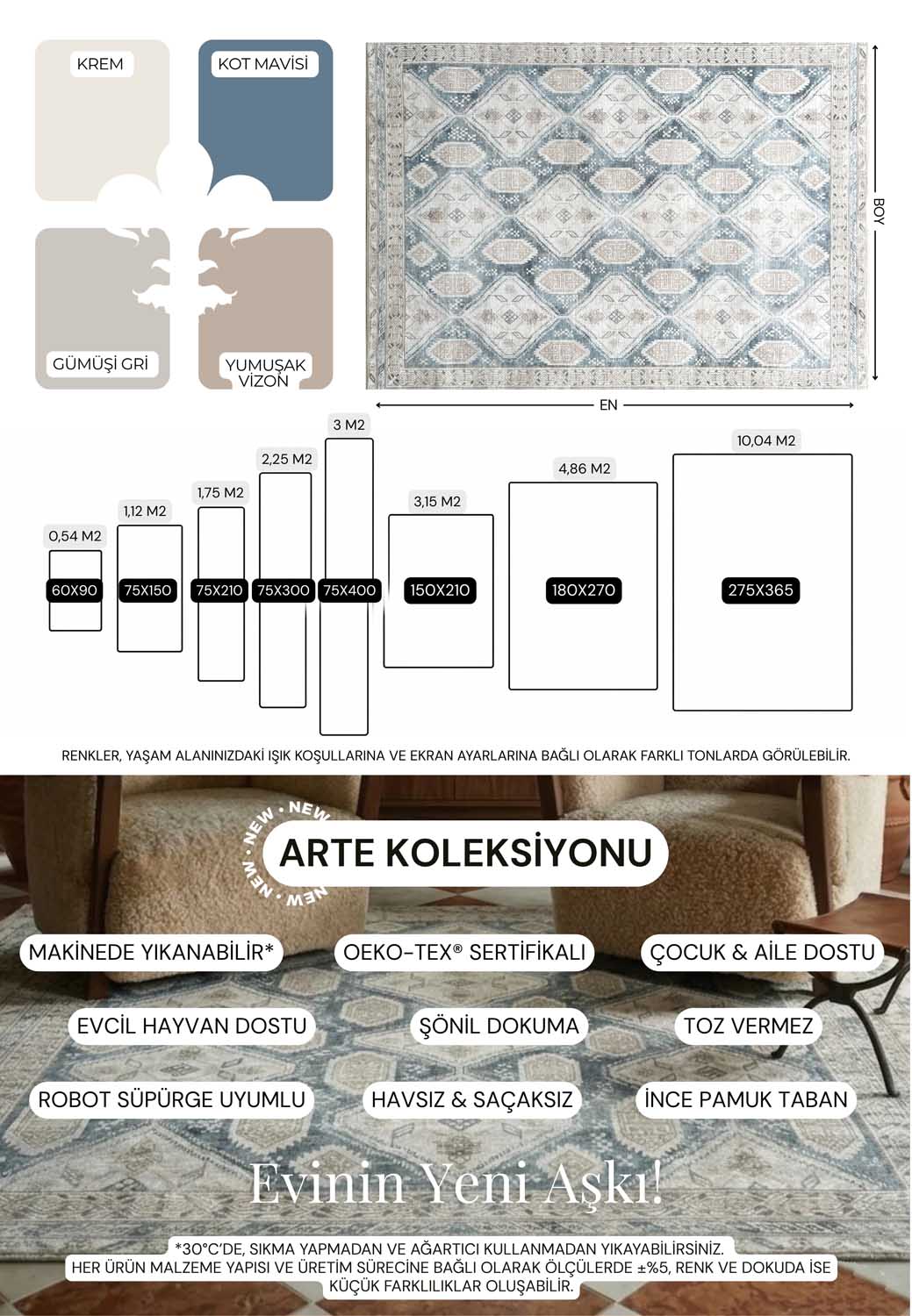 Anadolu Motifli Mavi ve Krem Renkli Eskitme Halı - AR852CB