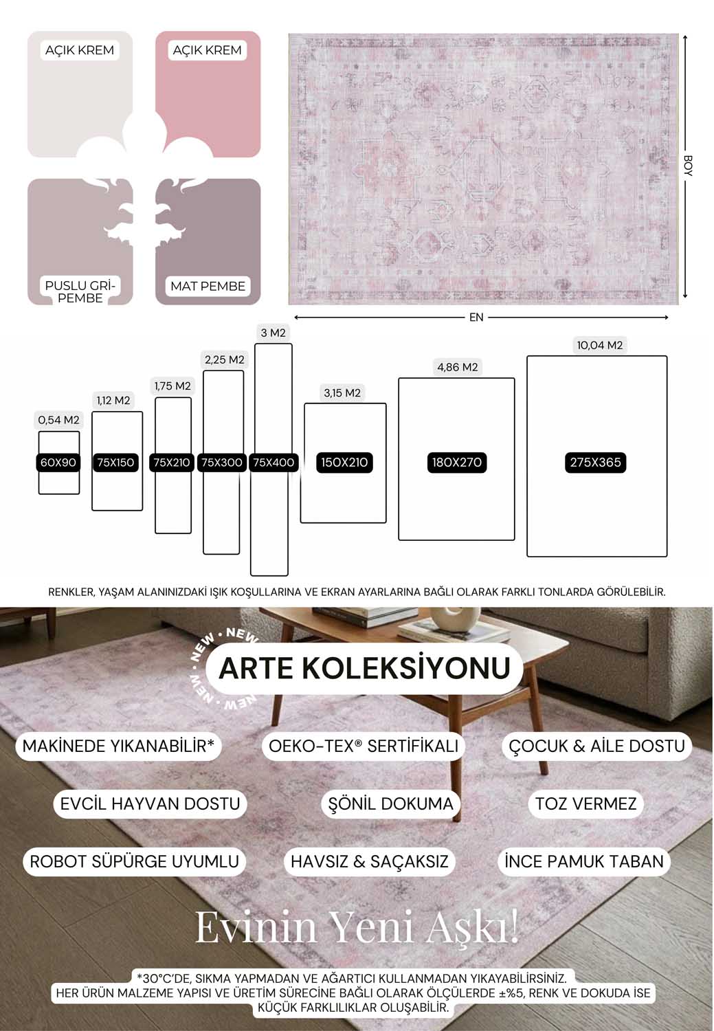 Geometrik Motifli Pudra Pembesi Ve Beyaz Eskitme Halı - AR1010PP