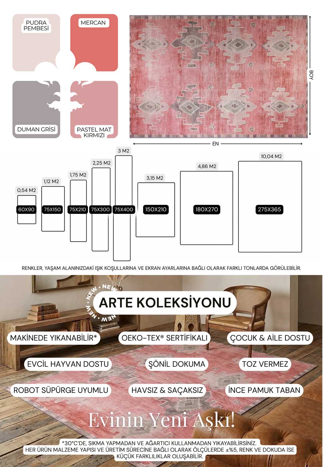 Büyük Geometrik Motifli Mercan Kırmızı ve Gri Eskitme Halı - AR0994PP
