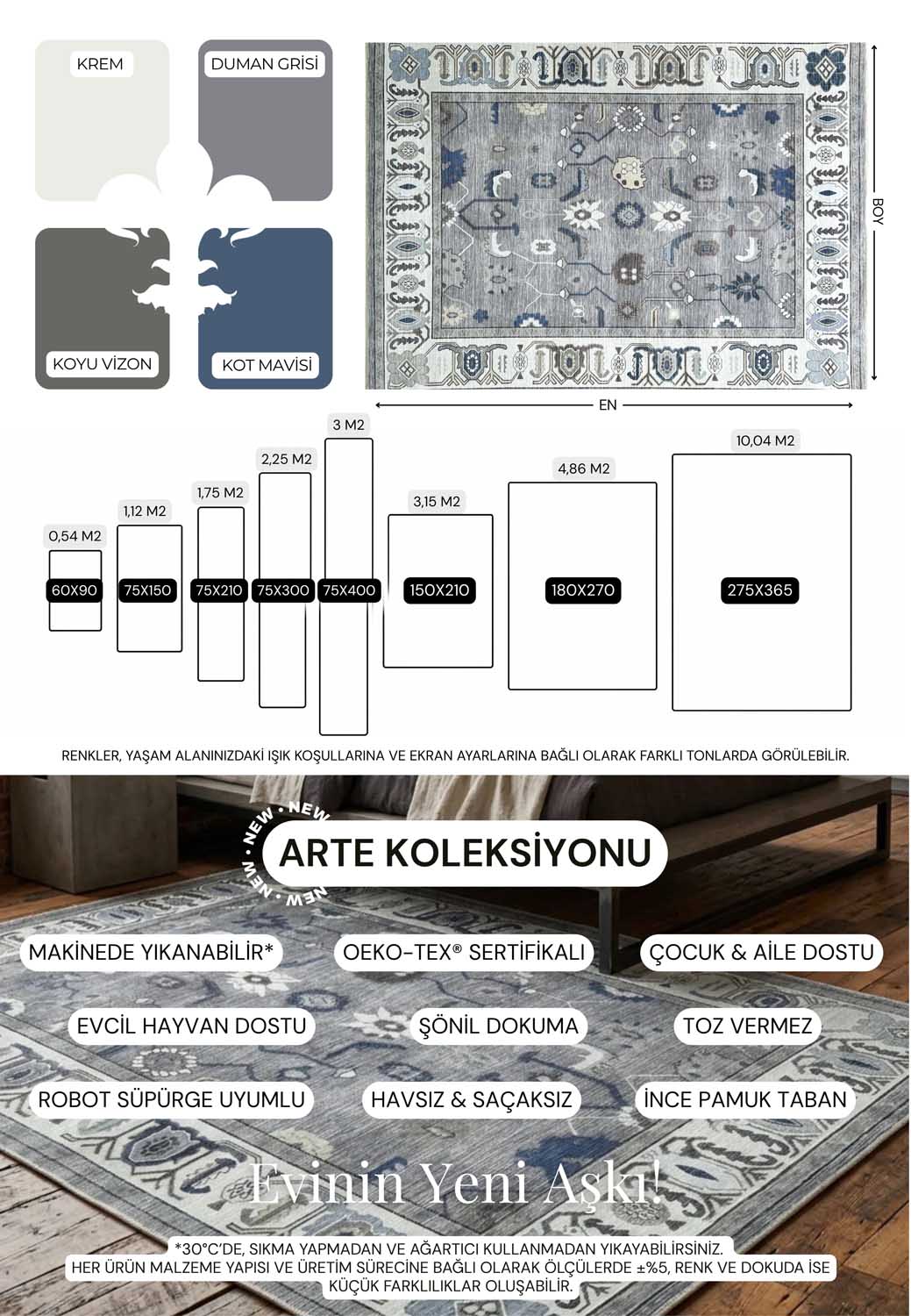 Geleneksel Motifli Gri ve Mavi Eskitme Halı - AR854GG