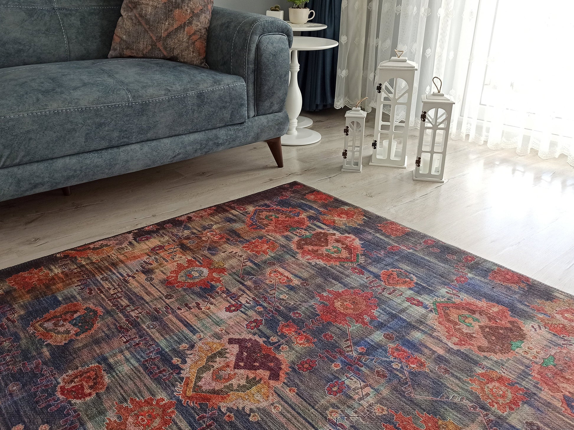 Lacivert ve Bordo Ebruli Geçişli Modern Vintage Halı