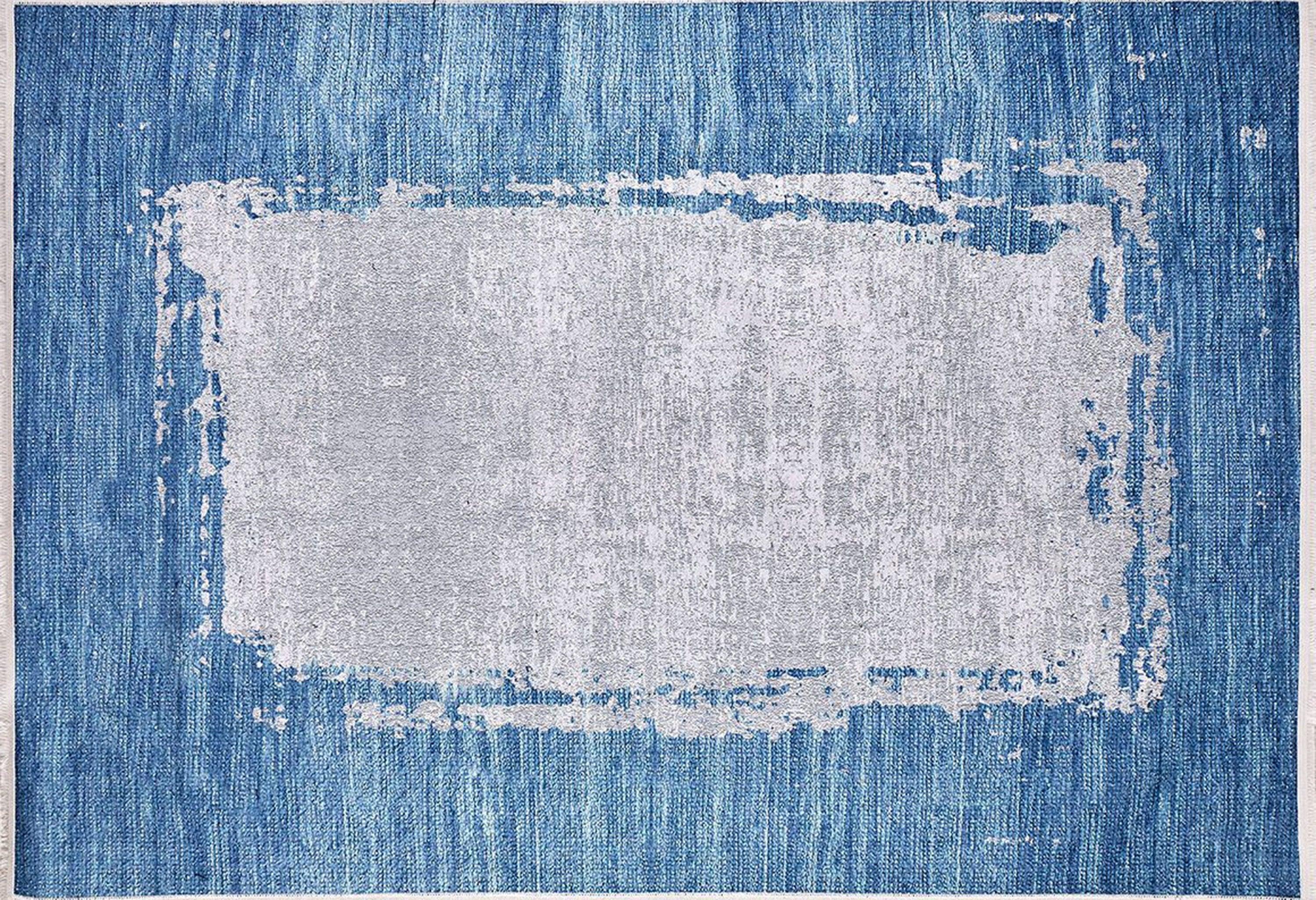 Abstract Desenli Mavi Bordürlü Gri Halı
