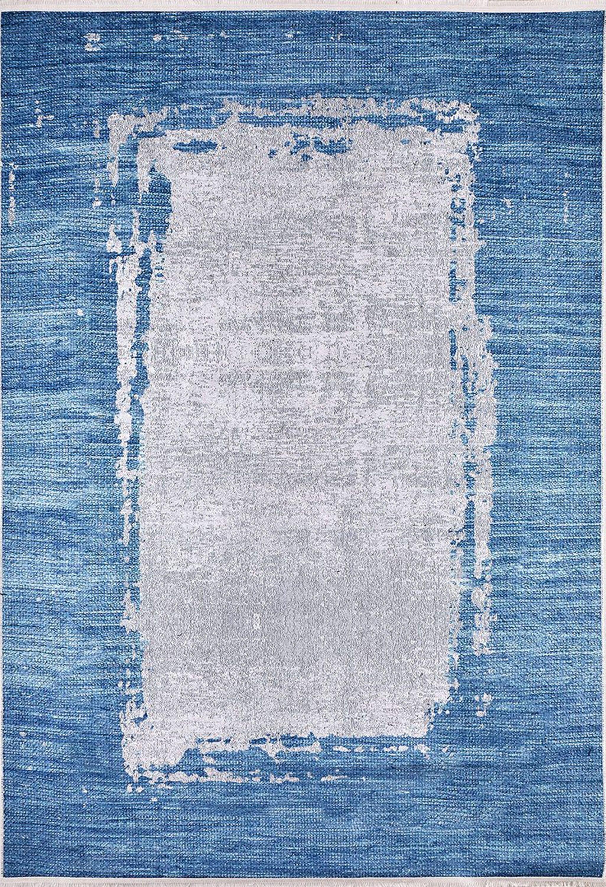 Abstract Desenli Mavi Bordürlü Gri Halı