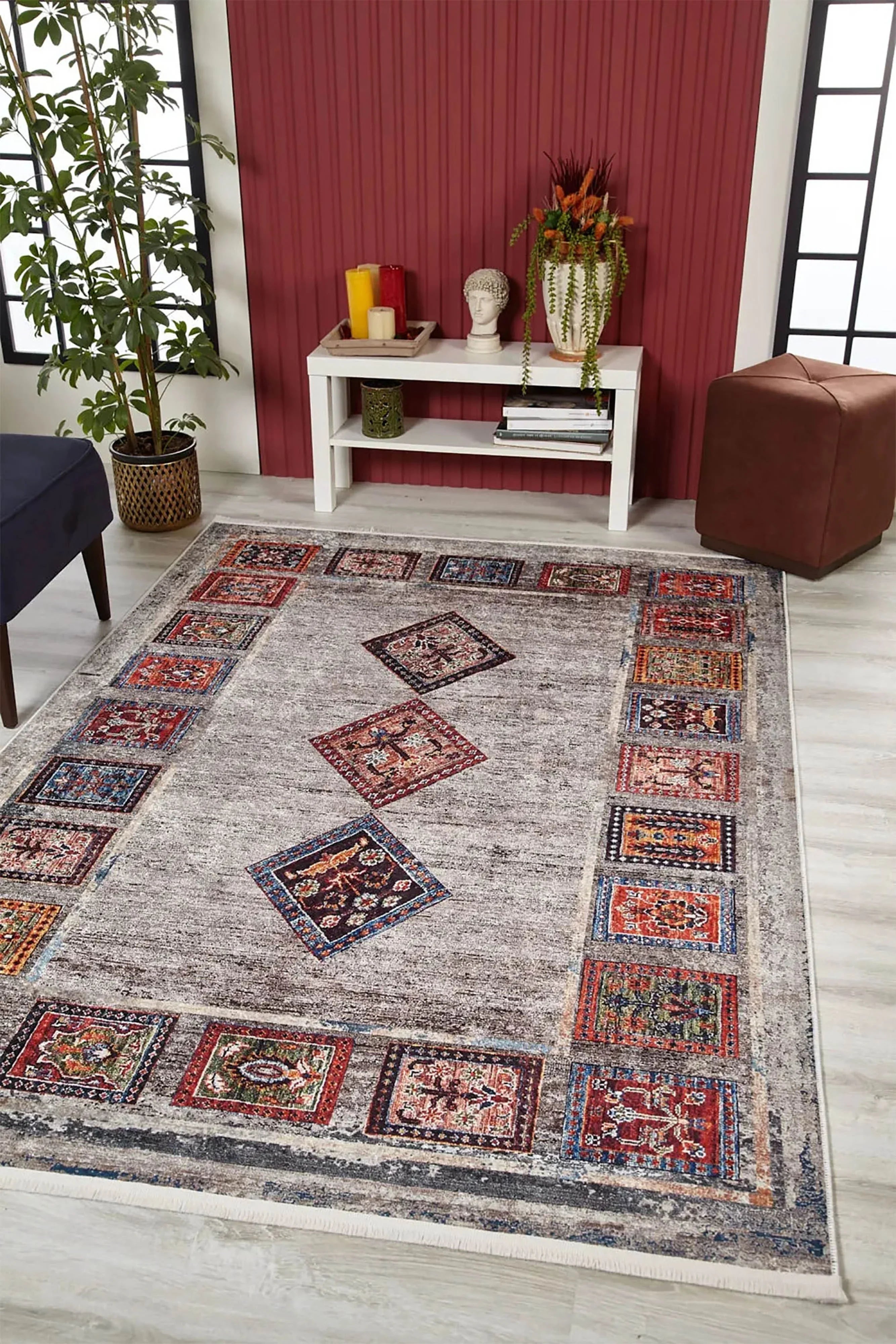 Açık Gri Antik Bohem Geometrik Desenli Halı