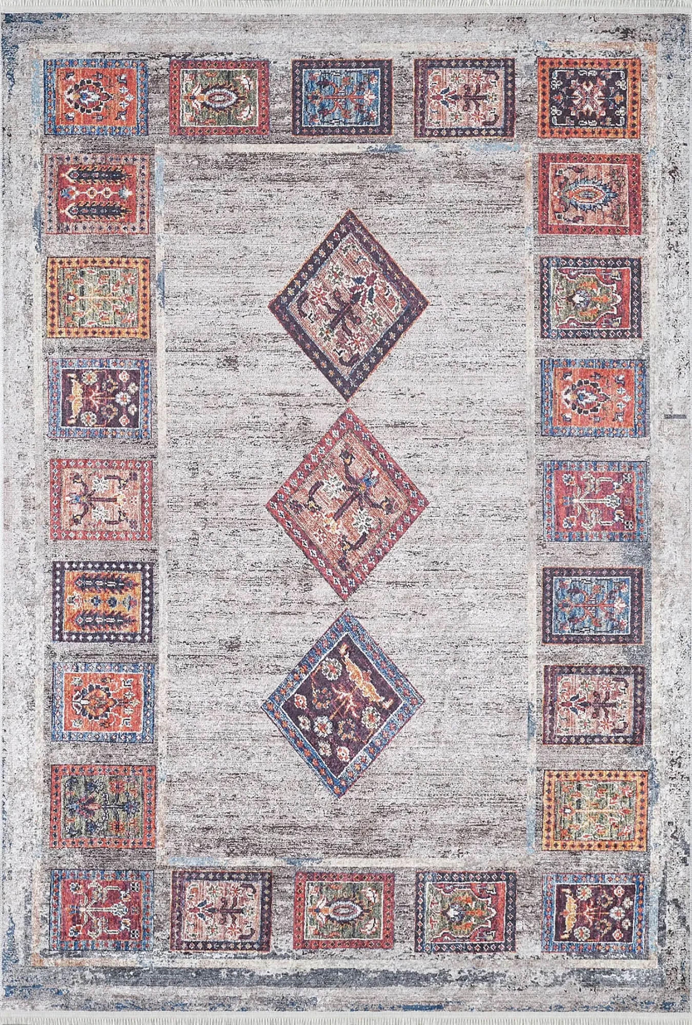 Açık Gri Antik Bohem Geometrik Desenli Halı