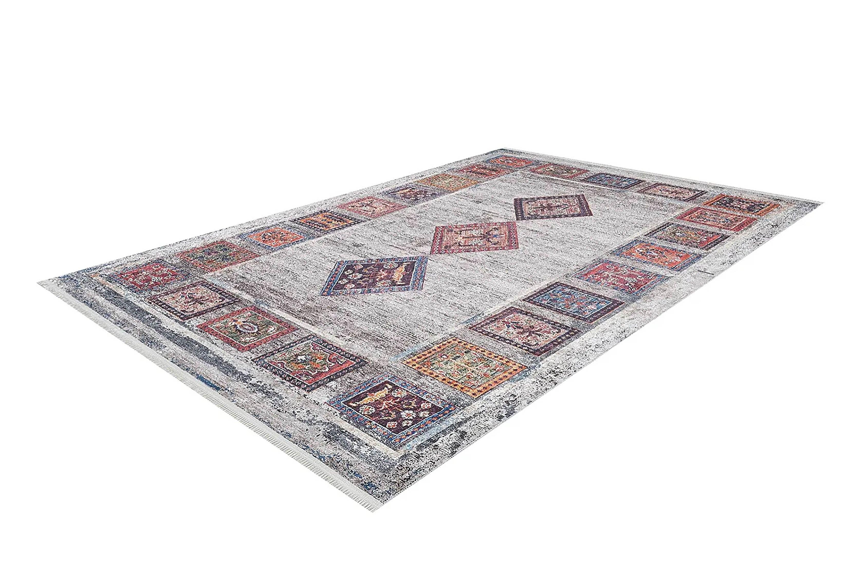 Açık Gri Antik Bohem Geometrik Desenli Halı
