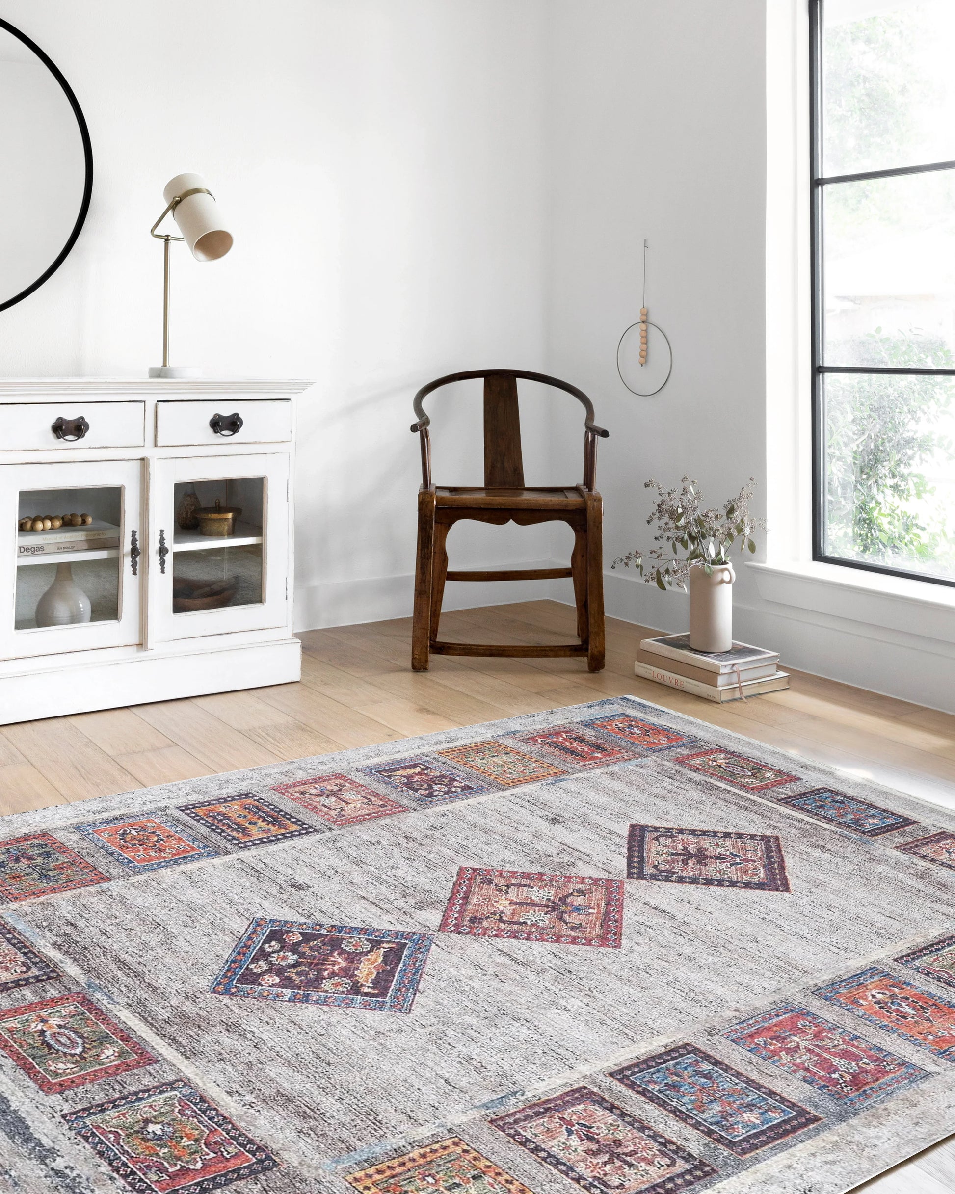 Açık Gri Antik Bohem Geometrik Desenli Halı