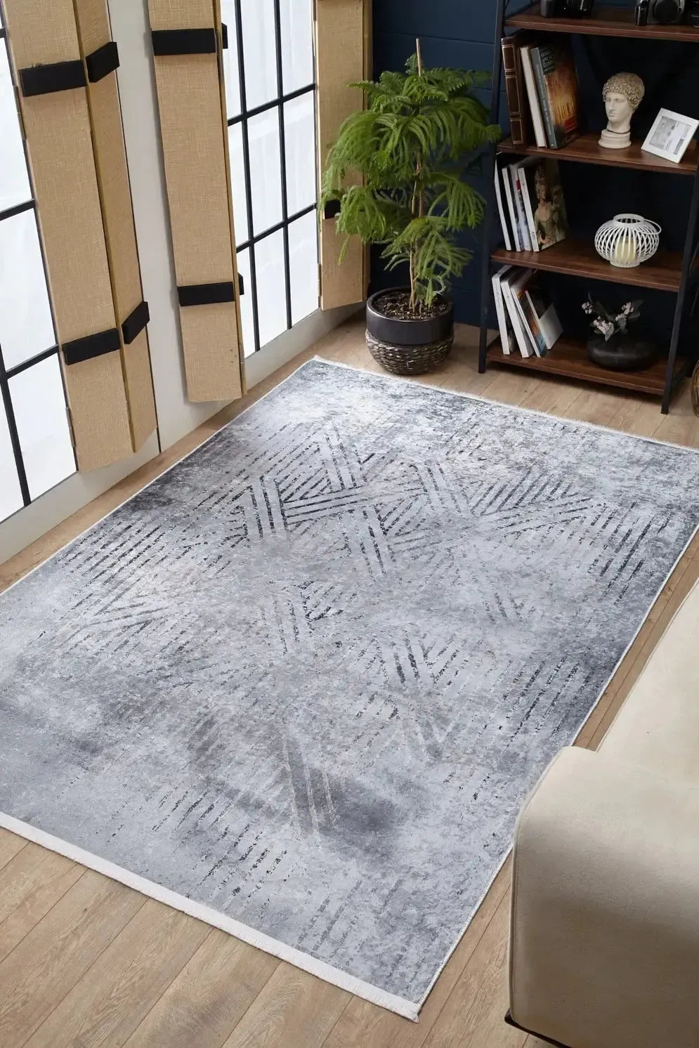 Açık Gri Beyaz Çapraz Çizgili Modern Halı