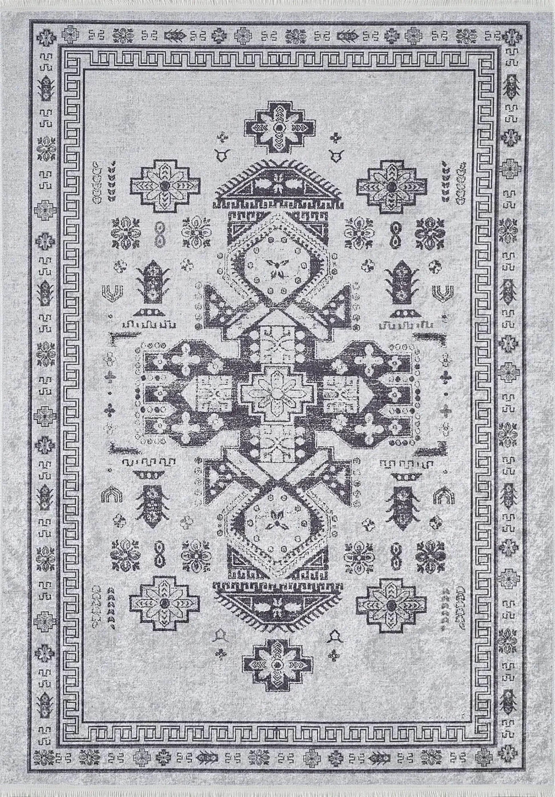 Açık Gri Geometrik Oryantal Madalyon Halı