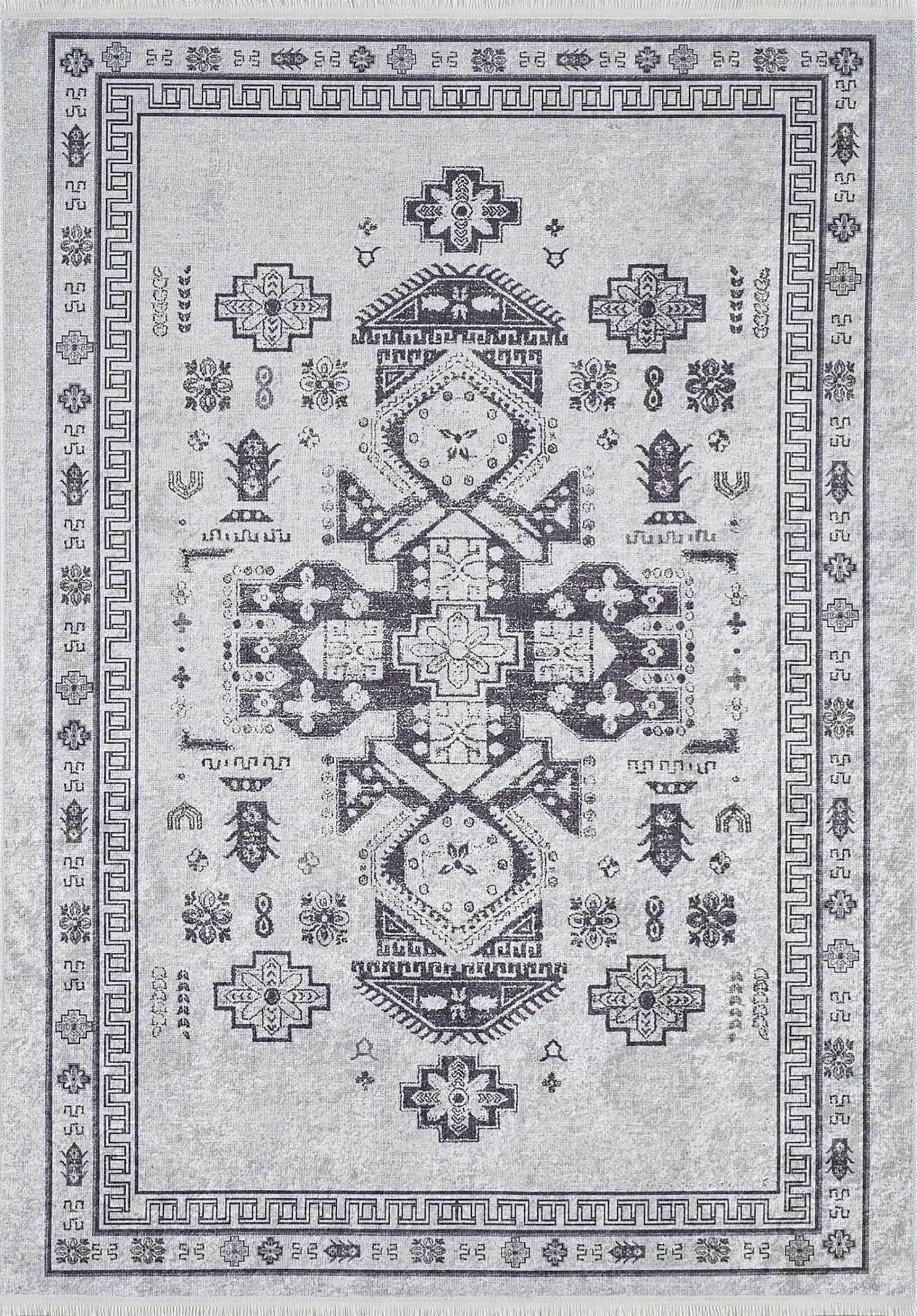 Açık Gri Geometrik Oryantal Madalyon Halı