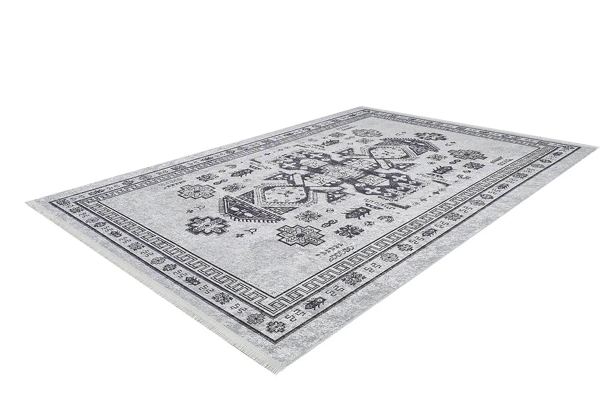 Açık Gri Geometrik Oryantal Madalyon Halı