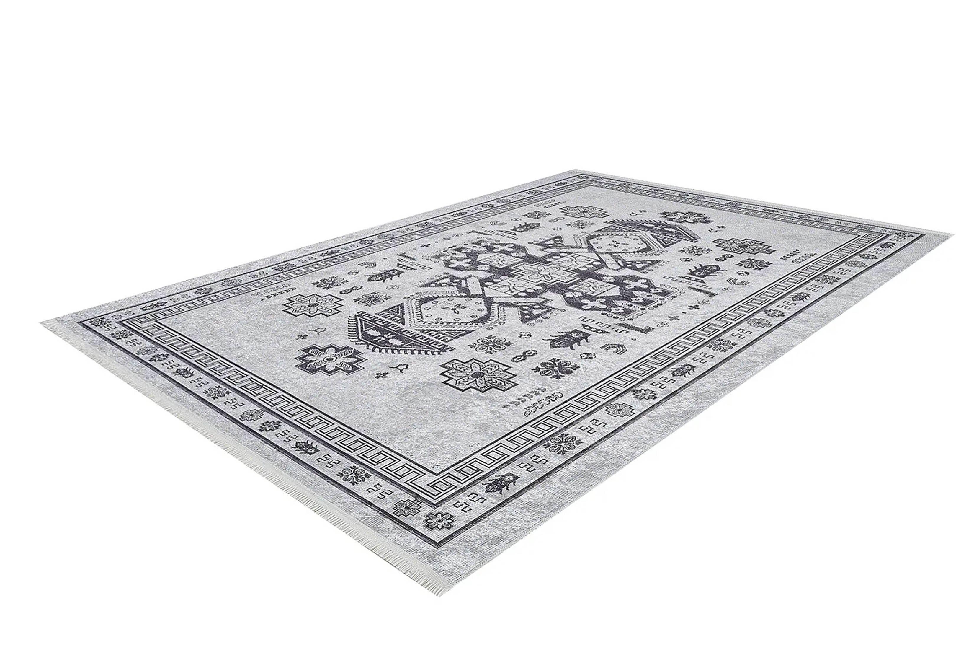 Açık Gri Geometrik Oryantal Madalyon Halı