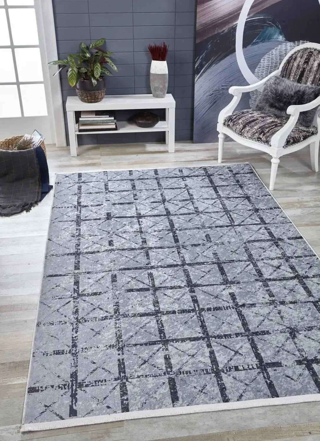 Açık Gri Kafes Desenli Geometrik Halı