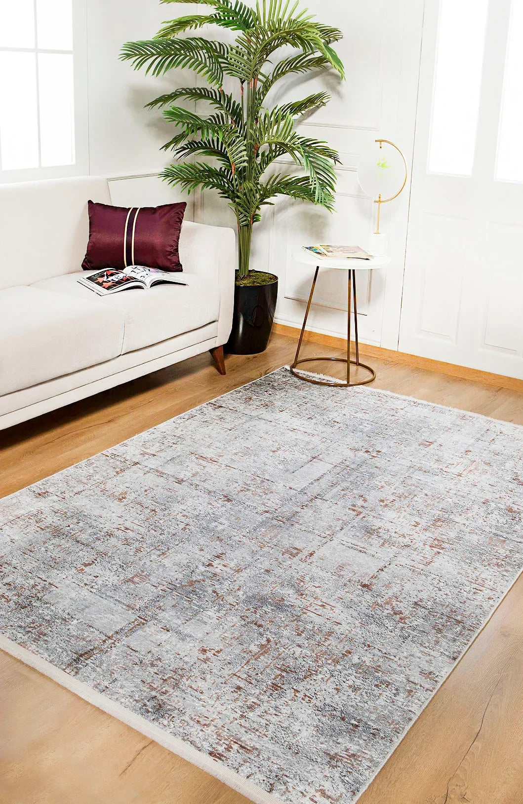 Açık Gri Kahve Detaylı Eskitme Modern Halı
