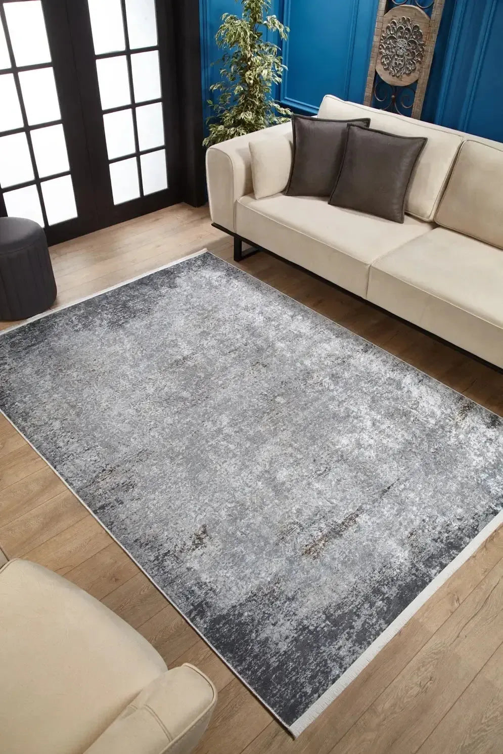 Açık Gri Kahve Detaylı Modern Yıkanabilir Halı